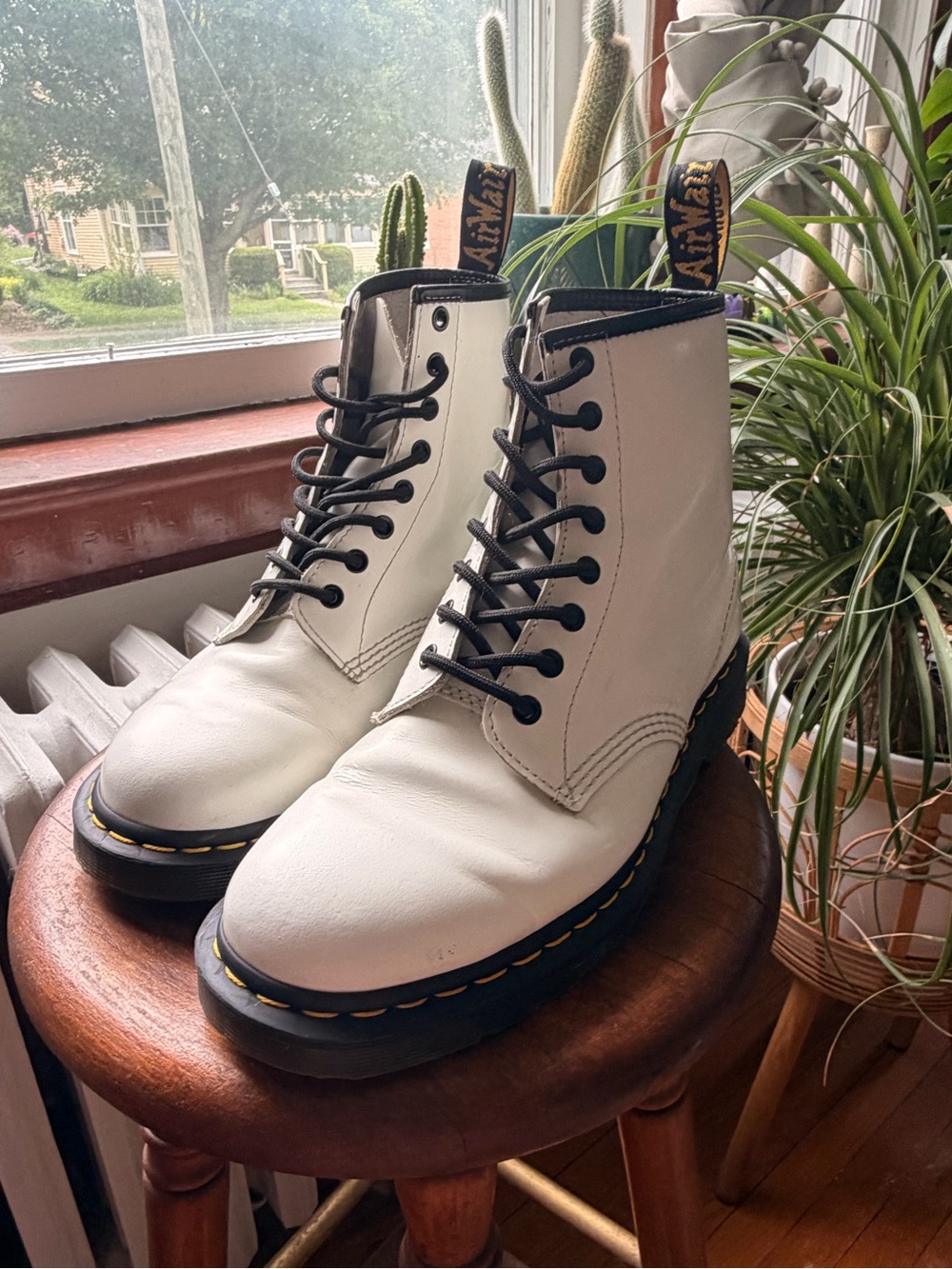 Dr. Martens White Leather 8-Eye Lace-Up Boots with Black Trim